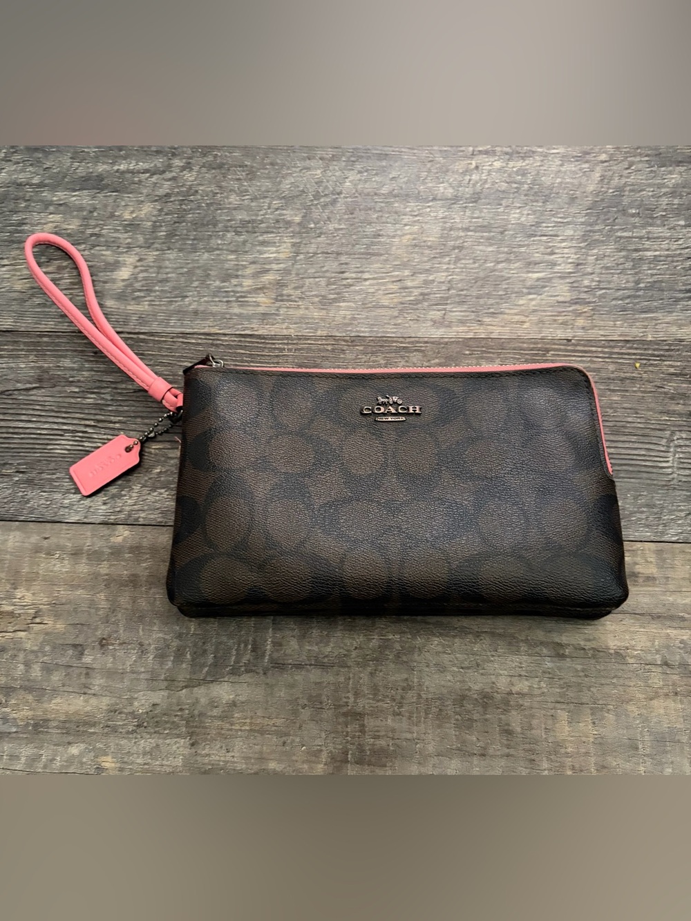 Coach Brown Signature Wristlet with Pink Trim